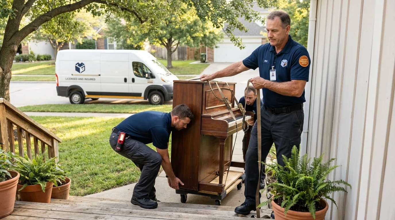 Licensed piano movers securing grand piano in Pulaski, TN