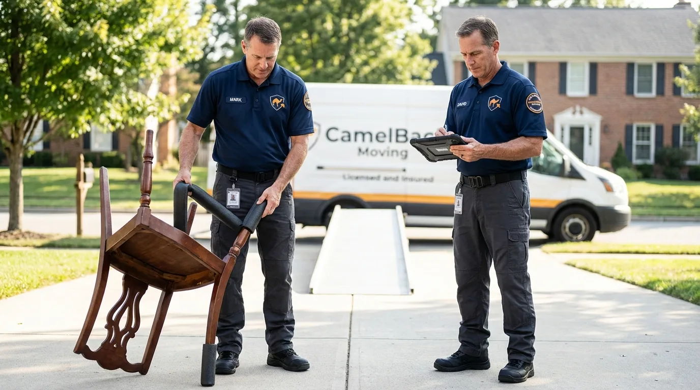 Movers inspecting furniture for damage prevention before loading in Pulaski, TN