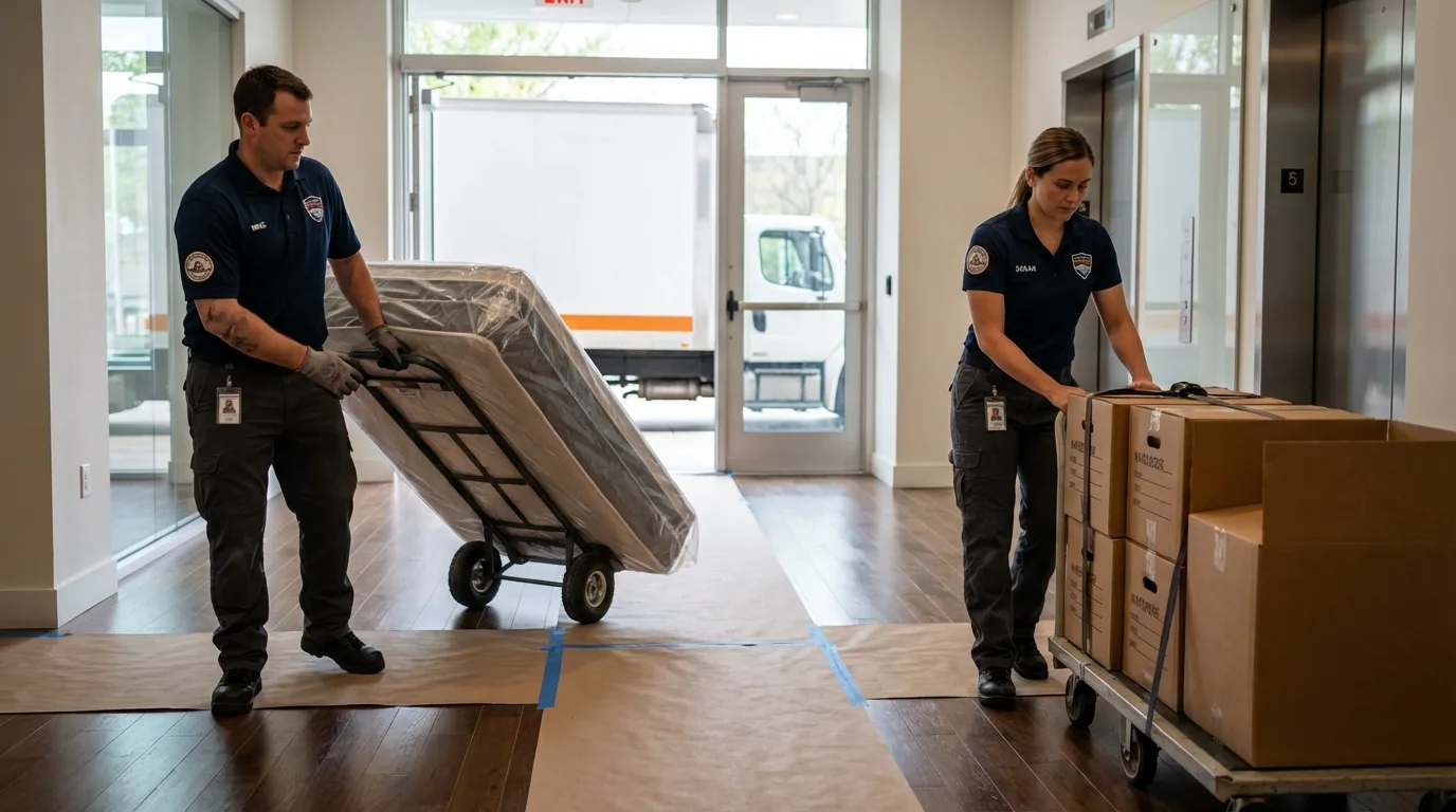 Professional apartment movers loading elevator in Pulaski, TN